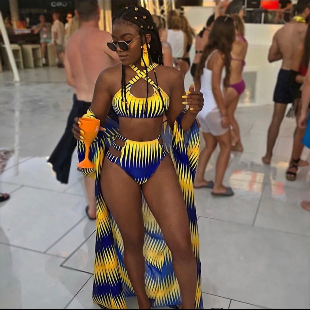 Two piece high waist print with sheer cover up